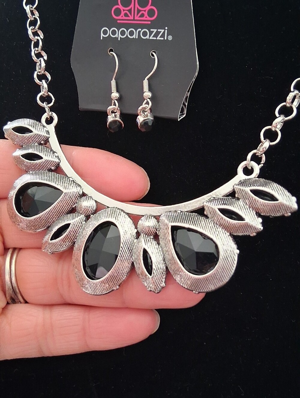 paparazzi Silver-Tone Necklace with Black Gem Accents